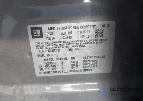 2020 Chevrolet Trax Fwd Lt из США, поврежденный, VIN KL7CJLSB6LB353763